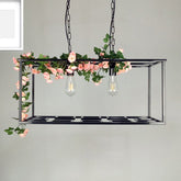 Lámpara colgante de jaula rectangular metálica vintage con decoración floral en negro - Lámpara de techo de 2 bombillas